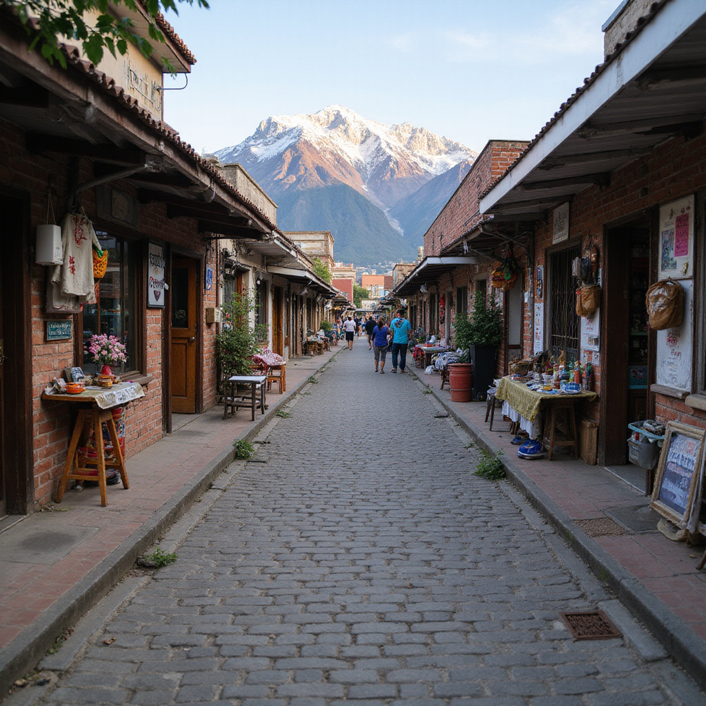 Uliczka w Sapie z lokalnymi straganami i górami w tle