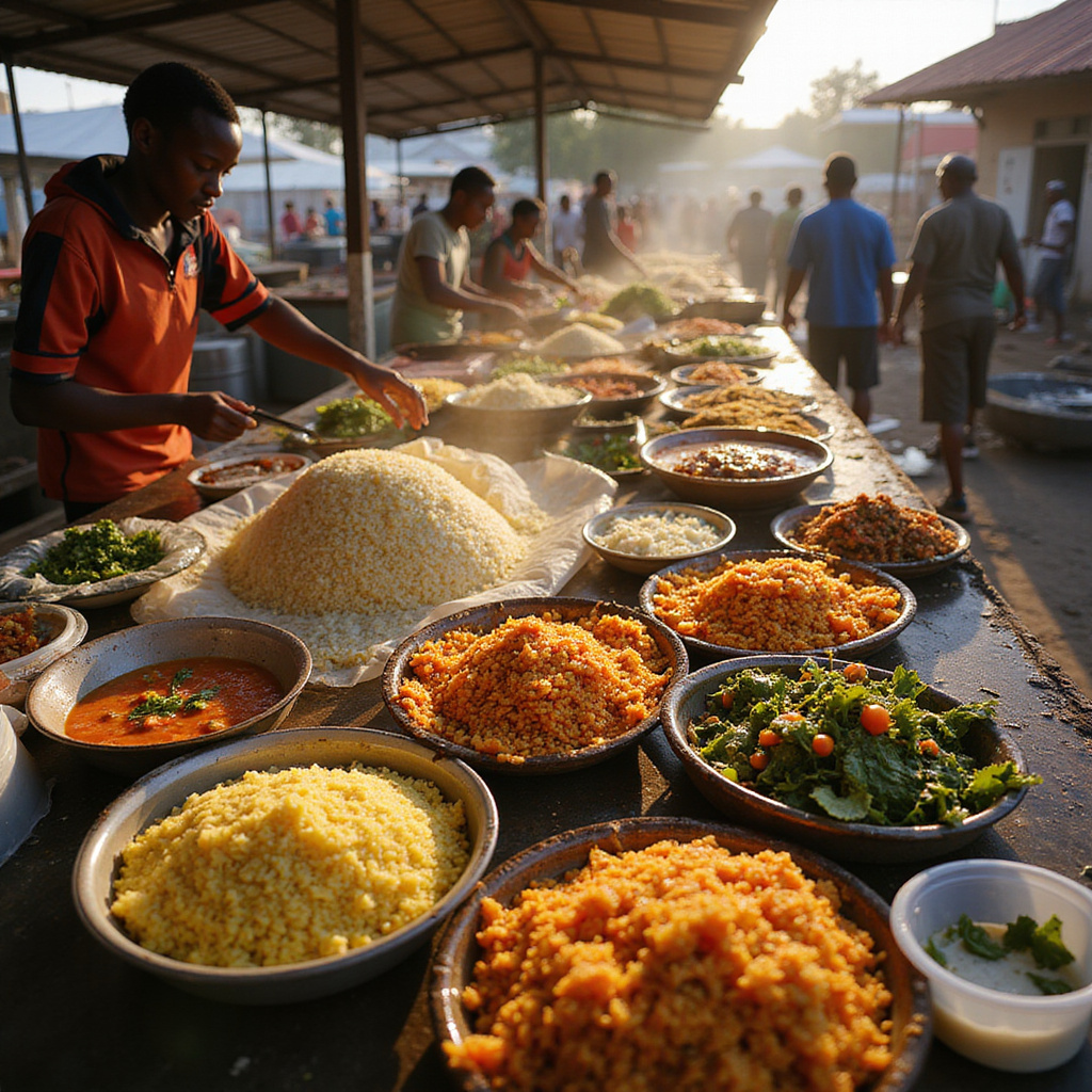 Tradycyjne kenijskie potrawy na targu w Kisumu - ugali i sukuma wiki