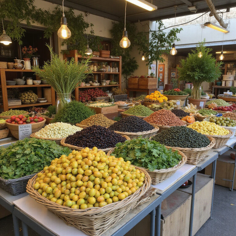 Targ w Heraklionie z lokalnymi kreteńskimi produktami roślinnymi