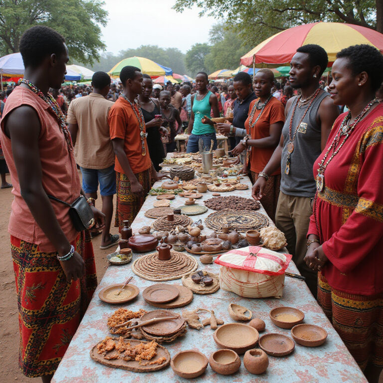 Targ w Eldoret z ręcznie robionymi pamiątkami Kalenjin, kolorowe stoiska i lokalni sprzedawcy
