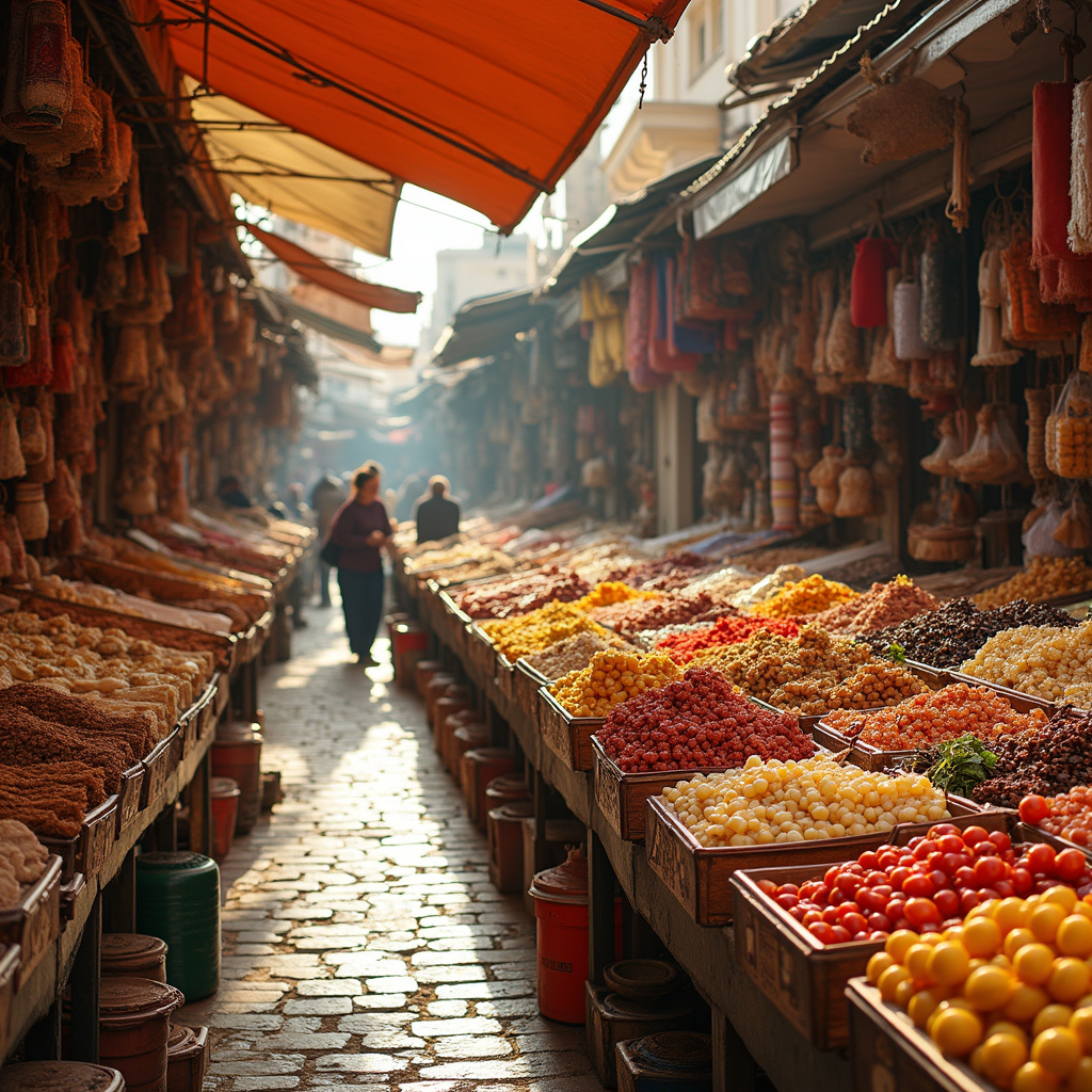 Targowisko w Famaguście z lokalnymi przysmakami, kolorowe stragany, świeże produkty