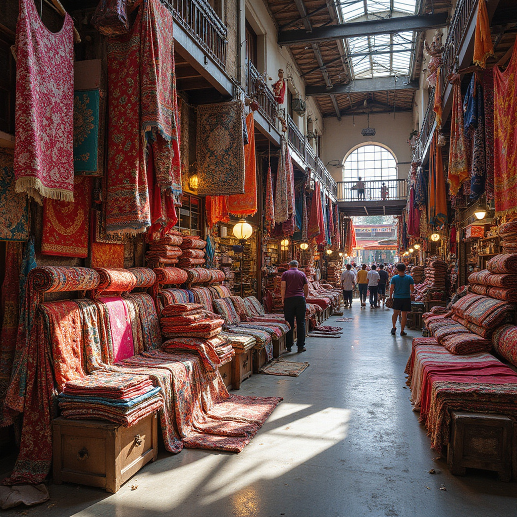 Kolorowe tkaniny i ubrania na jednym z pięter Han Market w Wietnamie