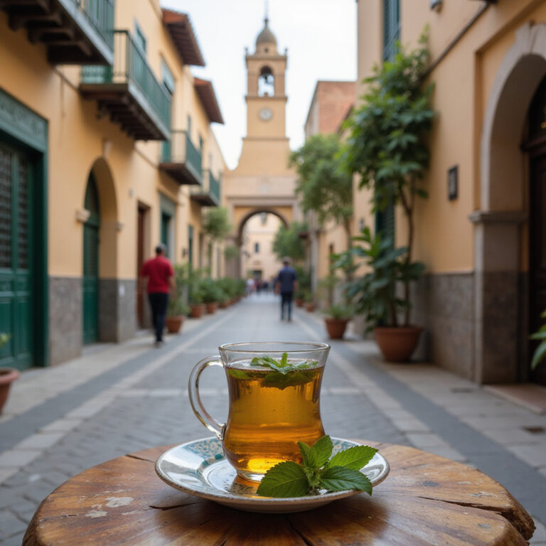 Herbata miętowa w Sousse na tle tradycyjnej medyny