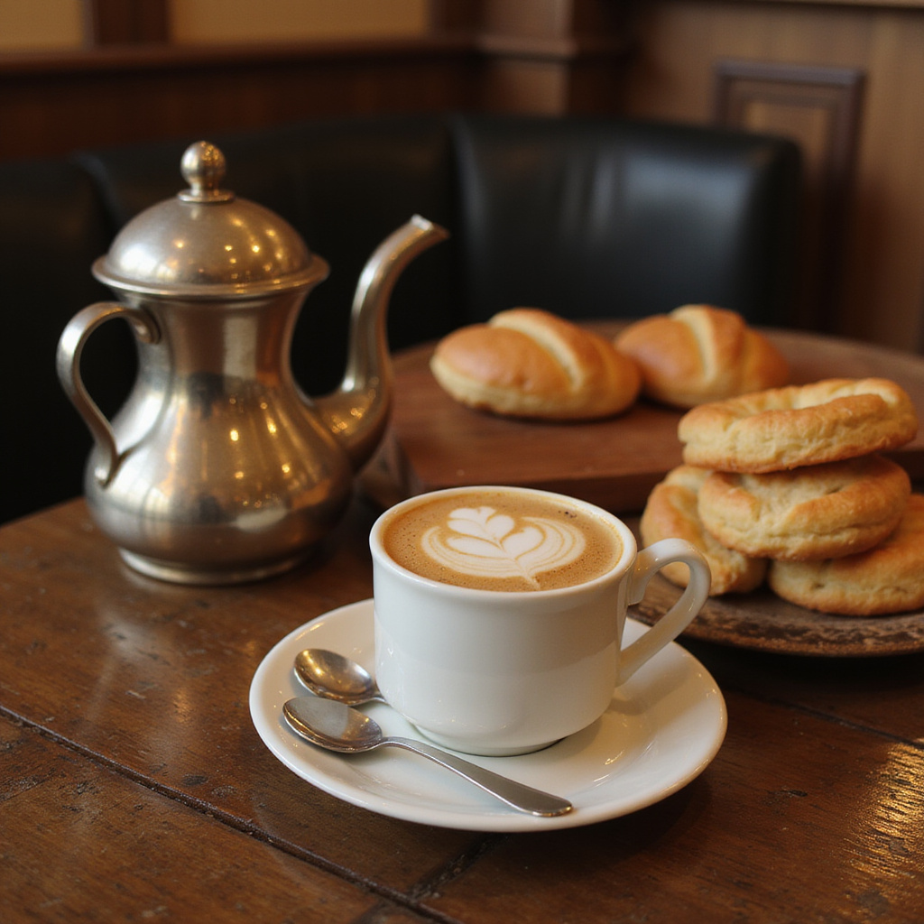 Tradycyjna egipska kawiarnia z aromatyczną kawą i słodkościami w tle