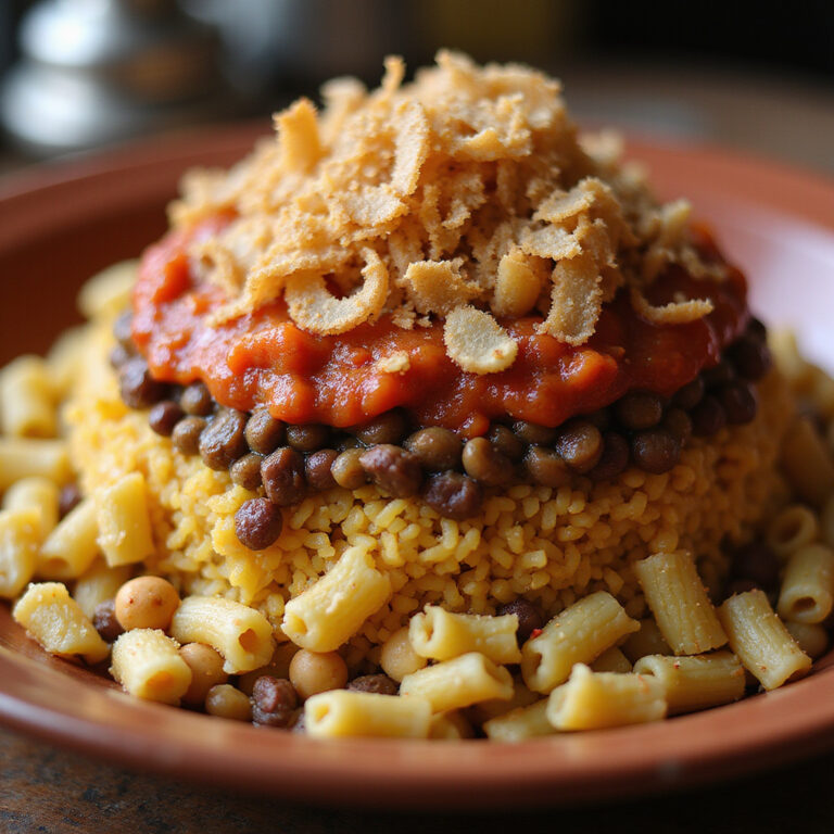 Koshary - tradycyjne danie egipskie z makaronem i sosem pomidorowym