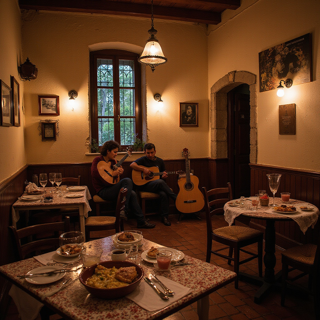 tradycyjna portugalska restauracja z muzyką fado i lokalnymi potrawami