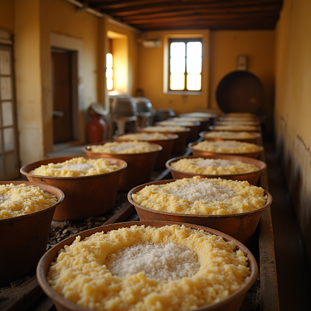 Tradycyjna produkcja halloumi w miedzianych kadziach na Cyprze, świeże mleko i sól morska