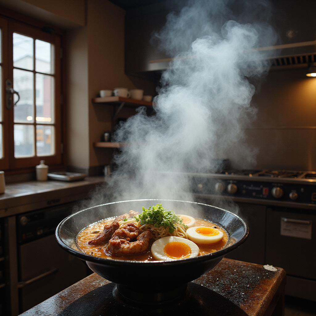 Tradycyjna ramen-ya w Osace z dymem unoszącym się nad kuchnią