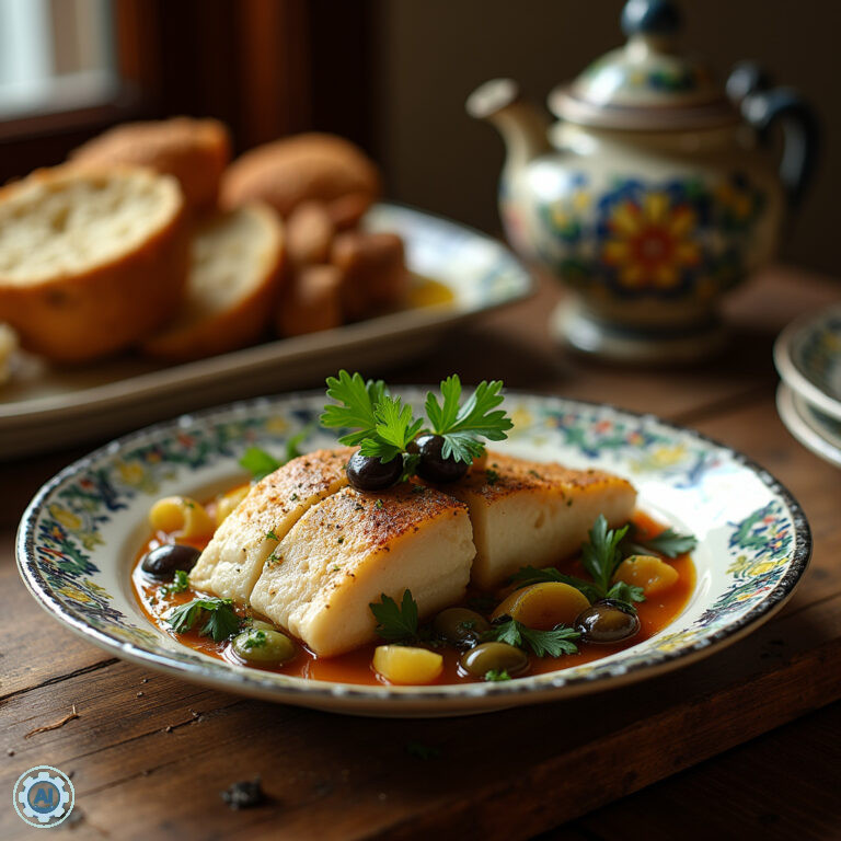 Tradycyjne portugalskie danie bacalhau na drewnianym stole