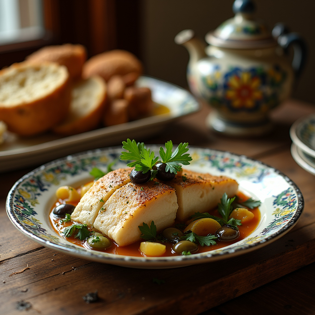 Tradycyjne portugalskie danie bacalhau na drewnianym stole