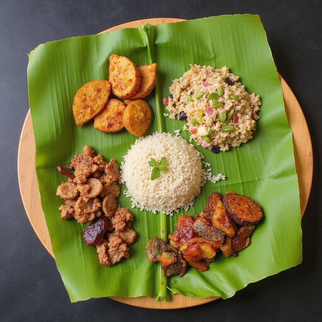 Tradycyjne balijskie dania na liściu bananowca, w tym nasi kuning i sate lilit