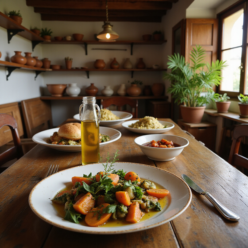 Tradycyjne kreteńskie dania wegetariańskie na stole w tawernie