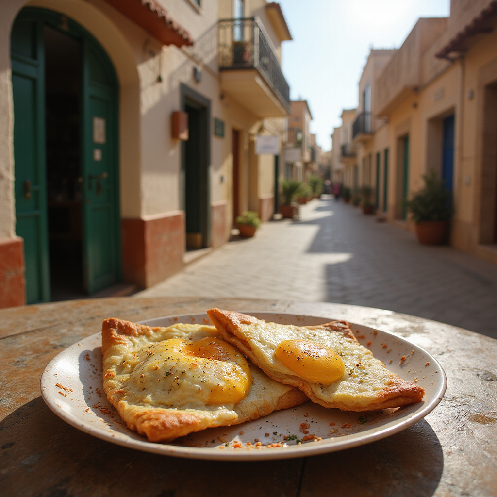 Tradycyjne tunezyjskie danie brik z jajkiem na tle uliczki w Djerbie