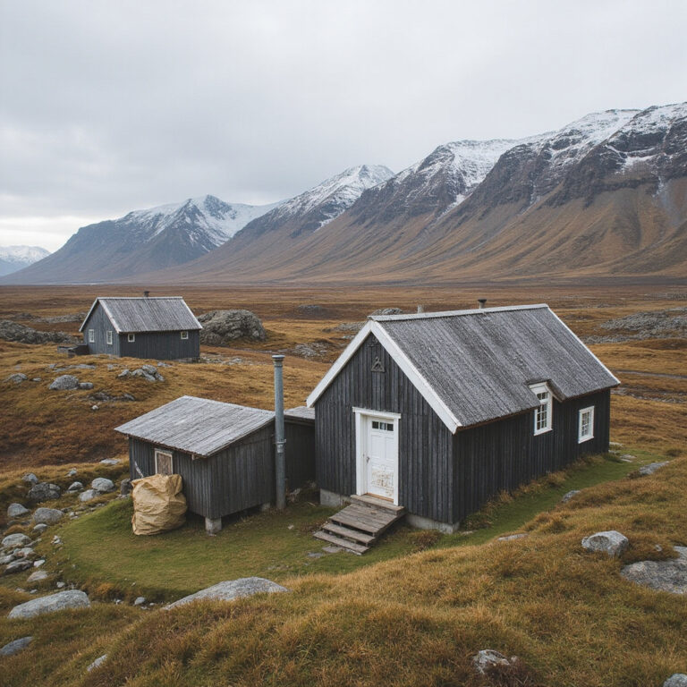 widok na tradycyjne domy islandzkie w surowym krajobrazie