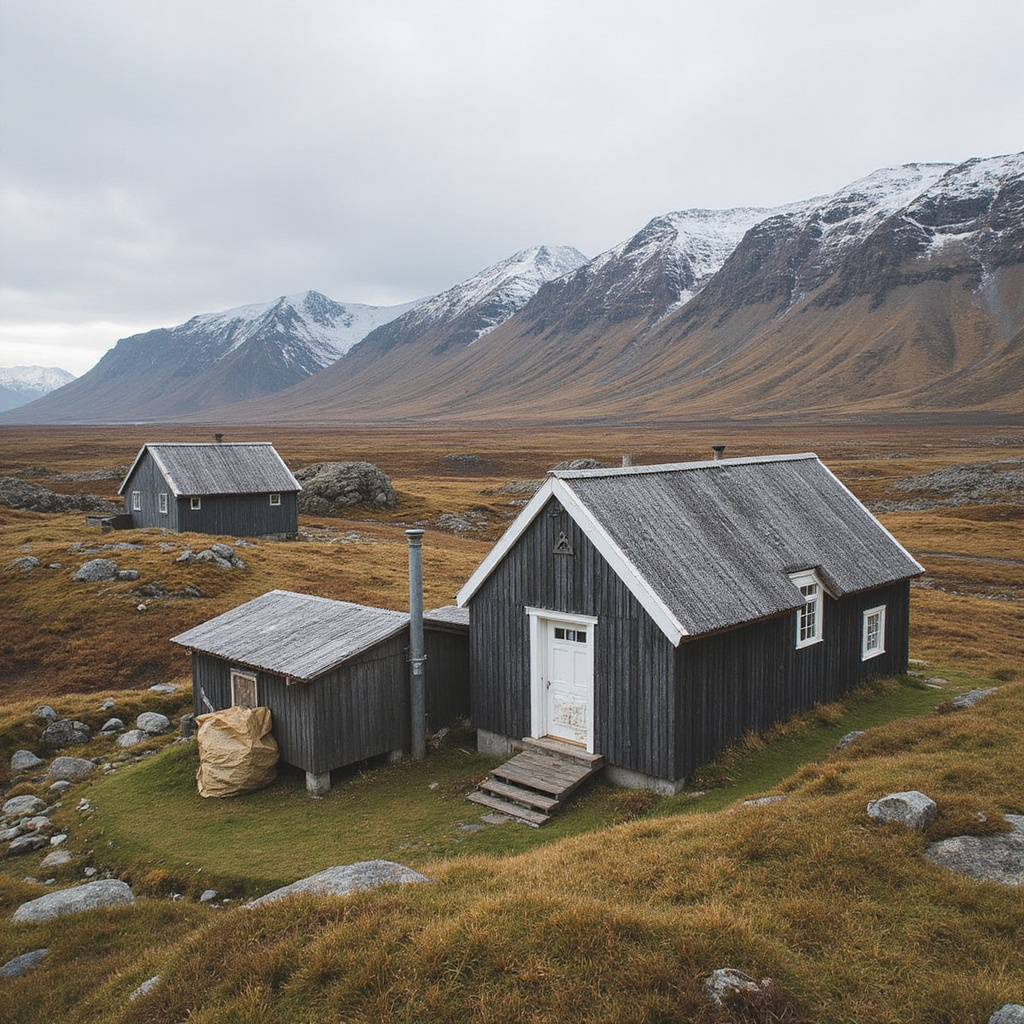 widok na tradycyjne domy islandzkie w surowym krajobrazie