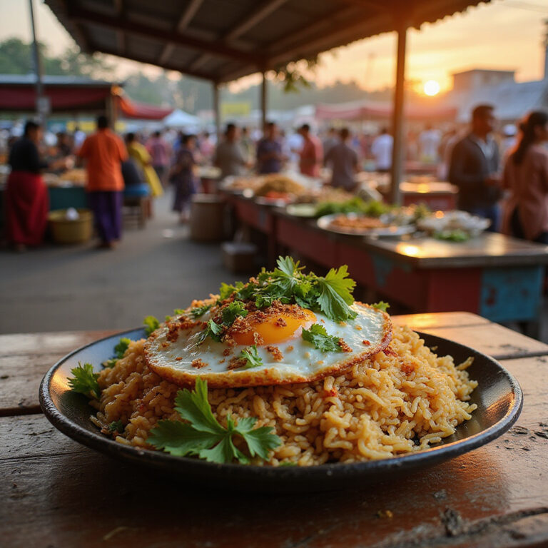 Tradycyjne indonezyjskie danie nasi goreng na tle lokalnego targu