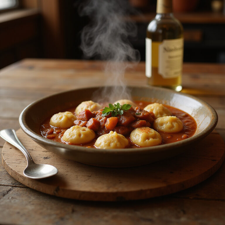 Tradycyjne knedliki czeskie podawane z gulaszem na drewnianym stole