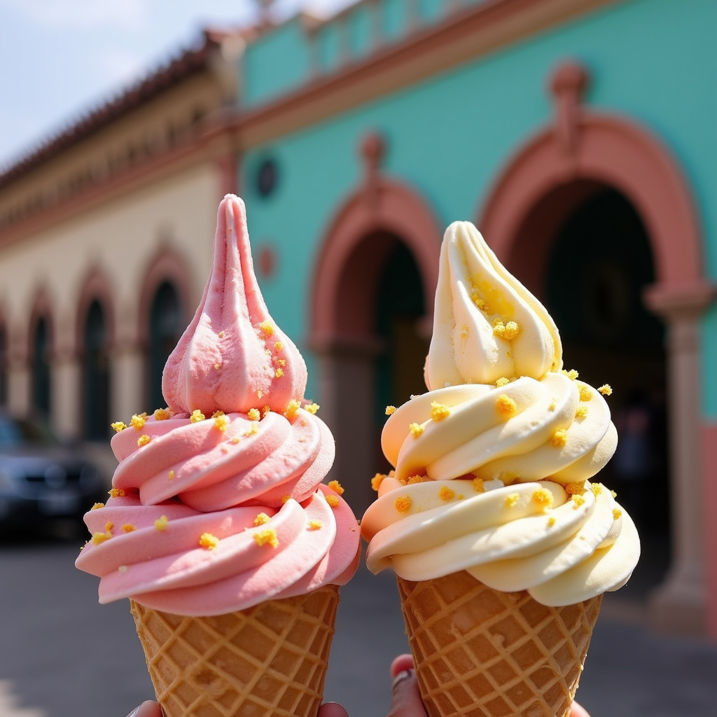 Tradycyjne lody w Dolores Hidalgo o nietypowych smakach na tle historycznego budynku