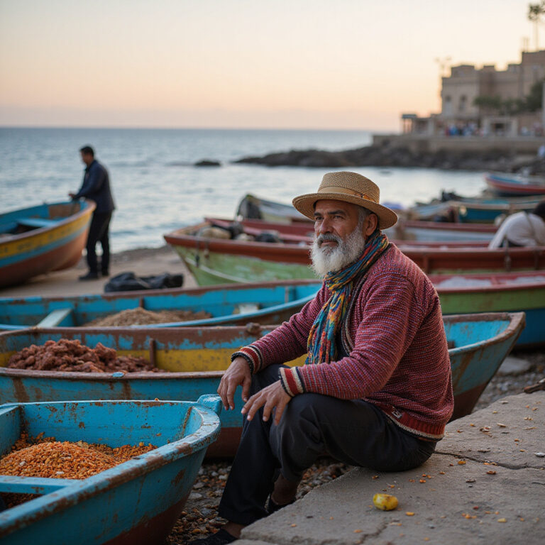 Rybołówstwo w Aleksandrii - tradycyjne łodzie rybackie na tle morza