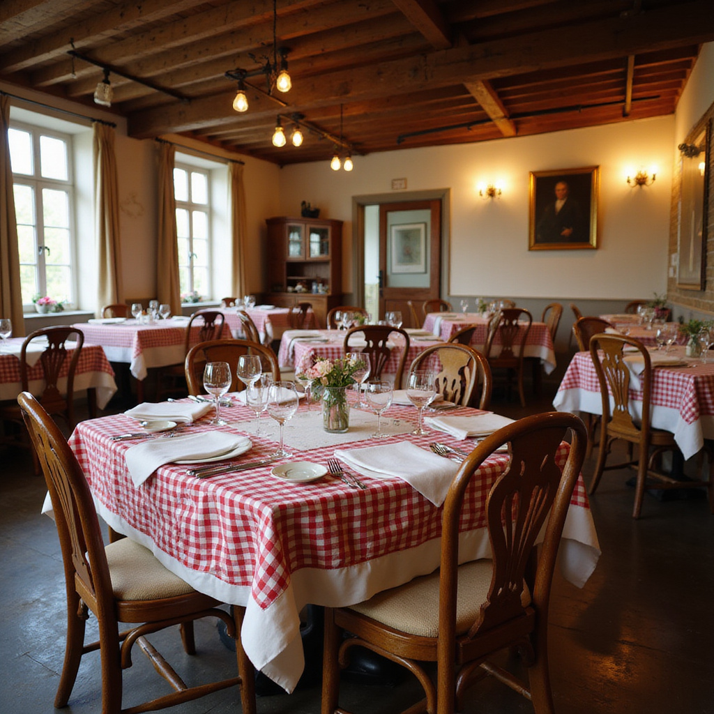 Tradycyjne lyońskie bouchons z serwetkami w kratkę i wspólnymi stołami