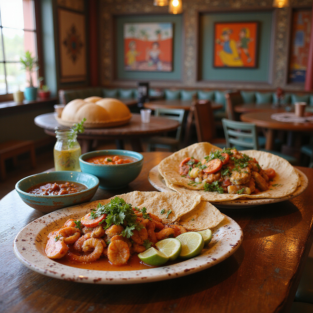 tradycyjne meksykańskie dania na stole w restauracji w Cozumel, świeże owoce morza, lokalne przyprawy