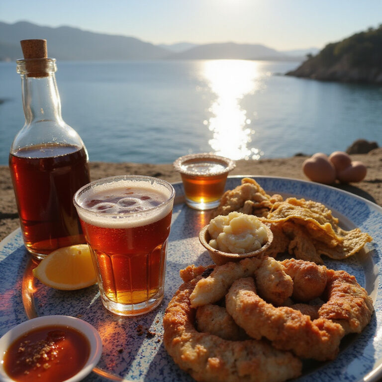 Tradycyjne tsipouro w Volos serwowane z mezedes na tle zatoki Pagasitikos