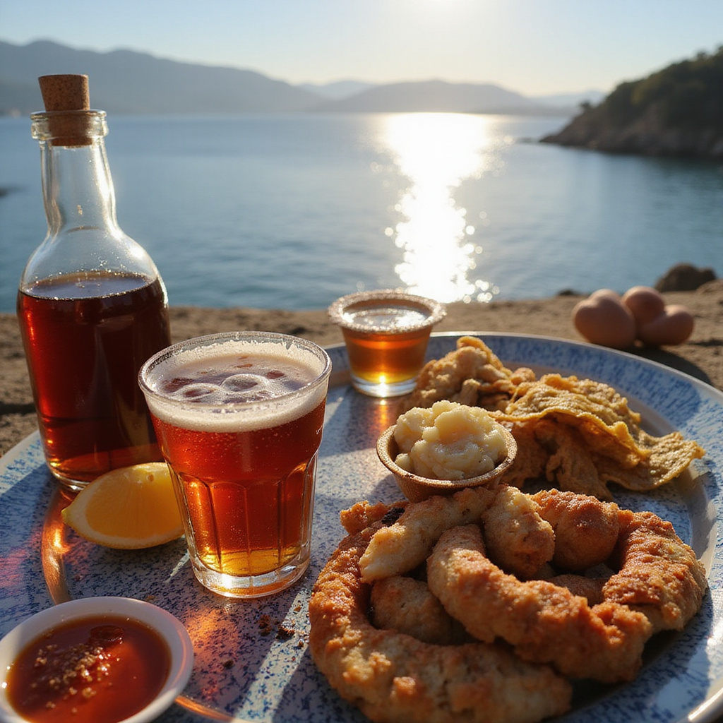 Tradycyjne tsipouro w Volos serwowane z mezedes na tle zatoki Pagasitikos