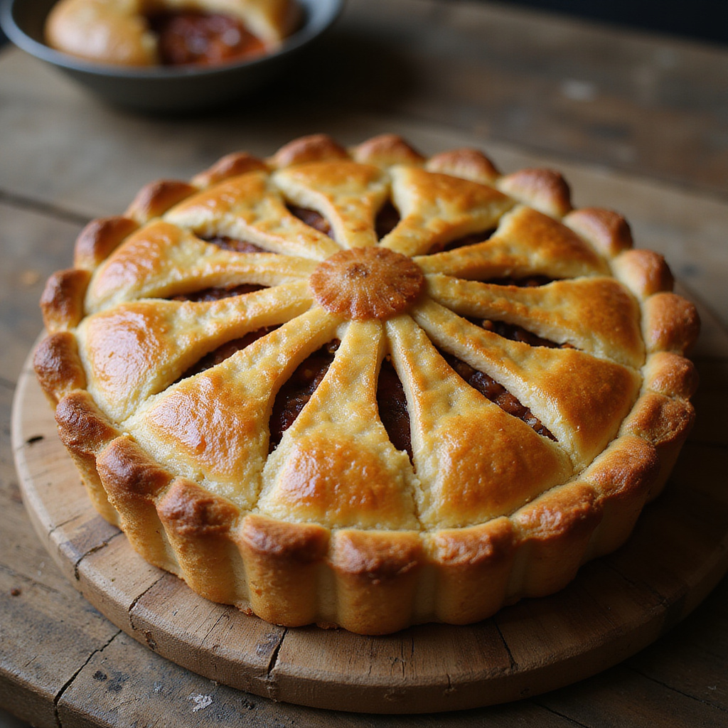 Tradycyjny łotewski placek Sklandrausis na drewnianym stole