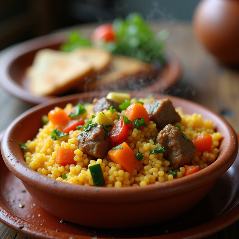 Tradycyjny marokański kuskus z warzywami i mięsem, serwowany w glinianym naczyniu