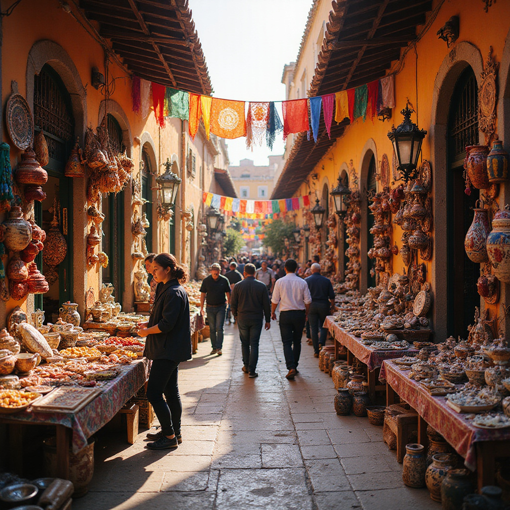 Tradycyjny meksykański targ z lokalnymi rękodziełami i jedzeniem