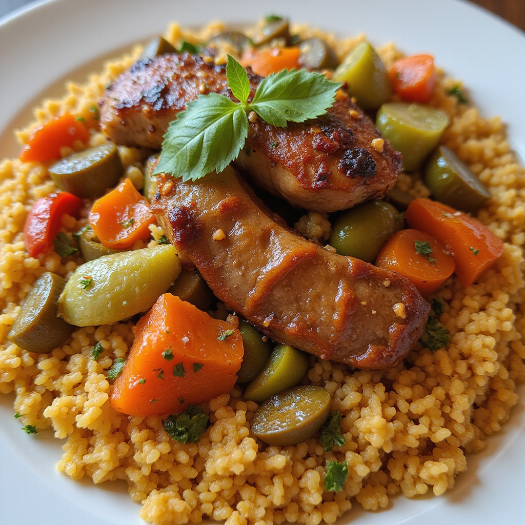 Tradycyjny tunezyjski kuskus serwowany na talerzu z warzywami i mięsem