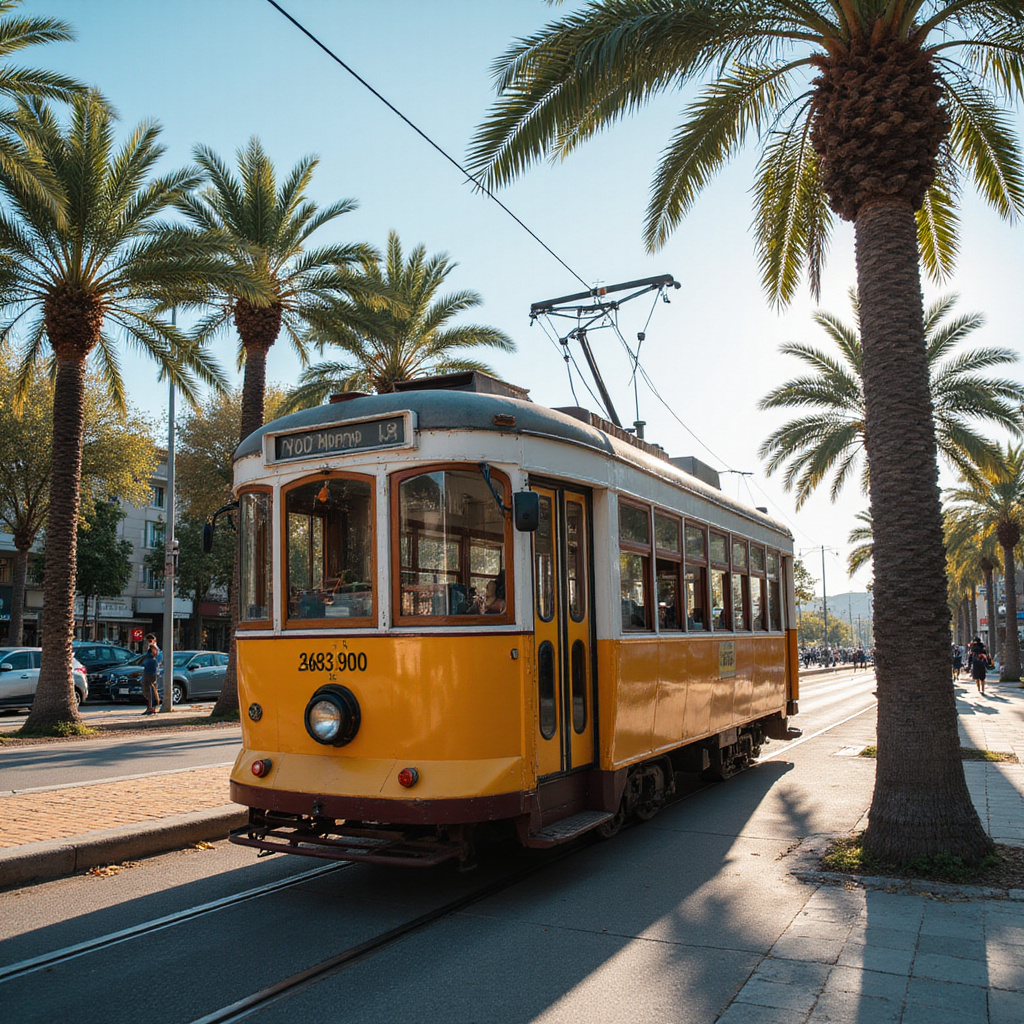 Tramwaj w Antalyi przejeżdżający obok palm, słoneczna pogoda