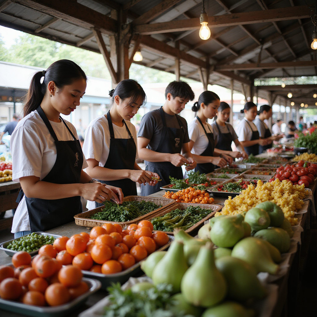 Uczestnicy kursu gotowania na targu w Tajlandii, wybierający świeże składniki