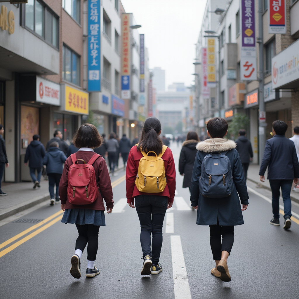 Uczniowie w Seulu idący do szkoły z ciężkimi plecakami, koreański system edukacji, poranek w mieście