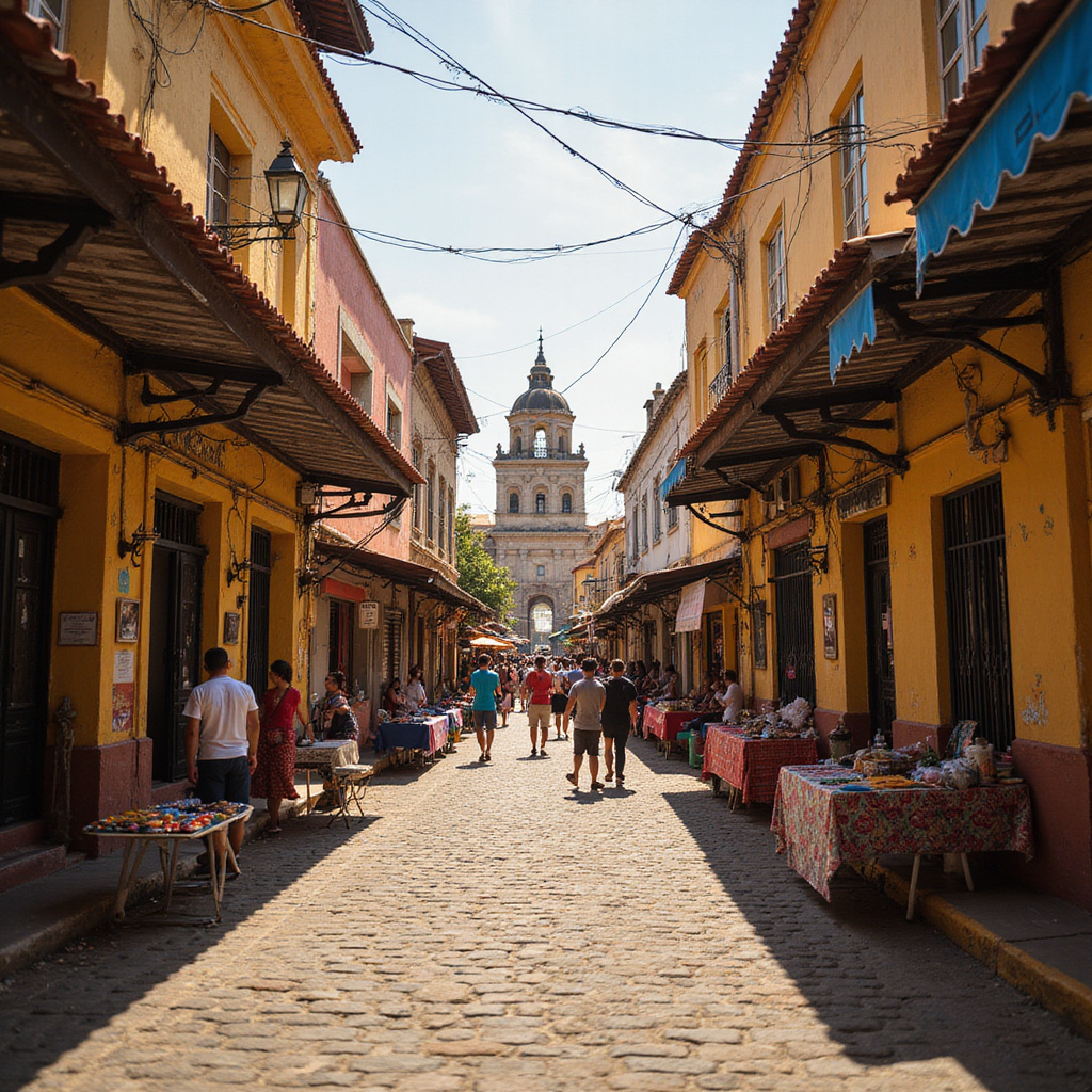 Ulica w Santo Domingo prowadząca do Faro a Colón, z lokalnym rynkiem w tle