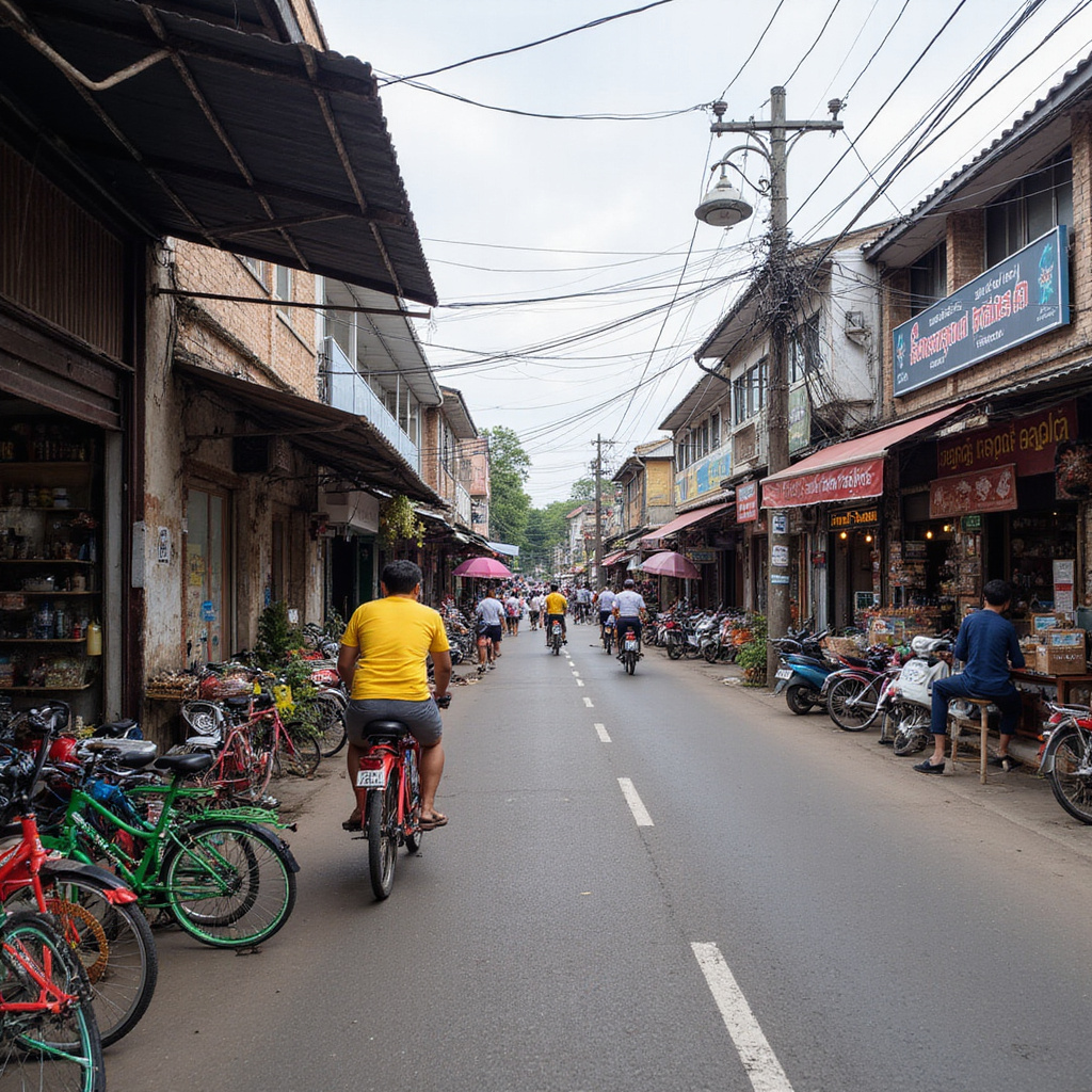 Ulica w Ayutthaya z lokalnym targiem i rowerami, tajskie jedzenie, autentyczna atmosfera