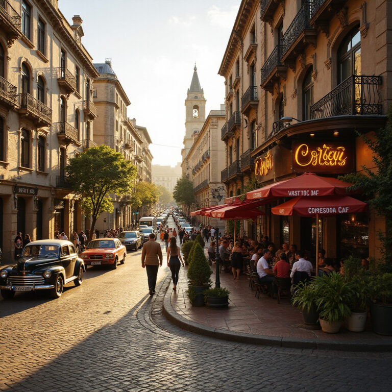 Ulica w Buenos Aires z kawiarnią Cortázara w tle