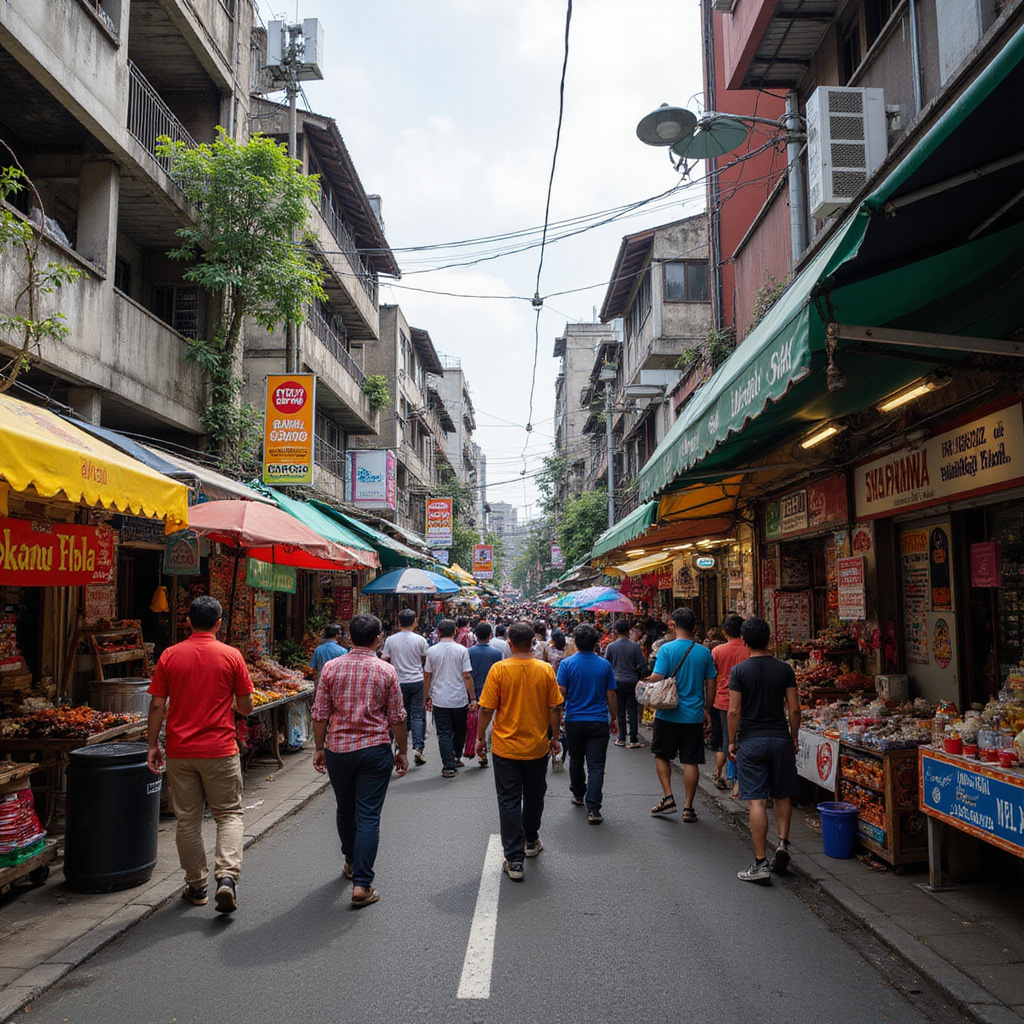 Ulica w Dżakarcie z kolorowymi straganami i tłumem ludzi