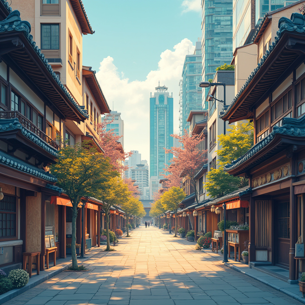 Ulica w Fukuoce z widokiem na tradycyjne świątynie i nowoczesne budynki