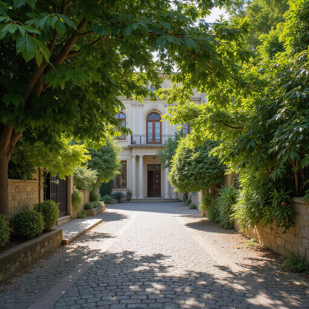 Ulica w Gastouri prowadząca do pałacu Achillion, otoczona zielenią i śródziemnomorską atmosferą