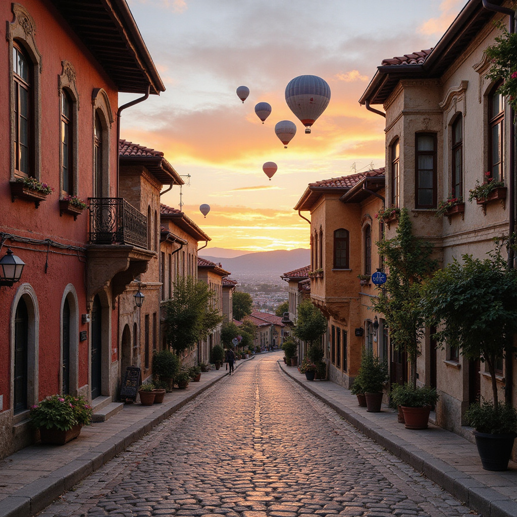 Ulica w Göreme z widokiem na balony, turecka architektura