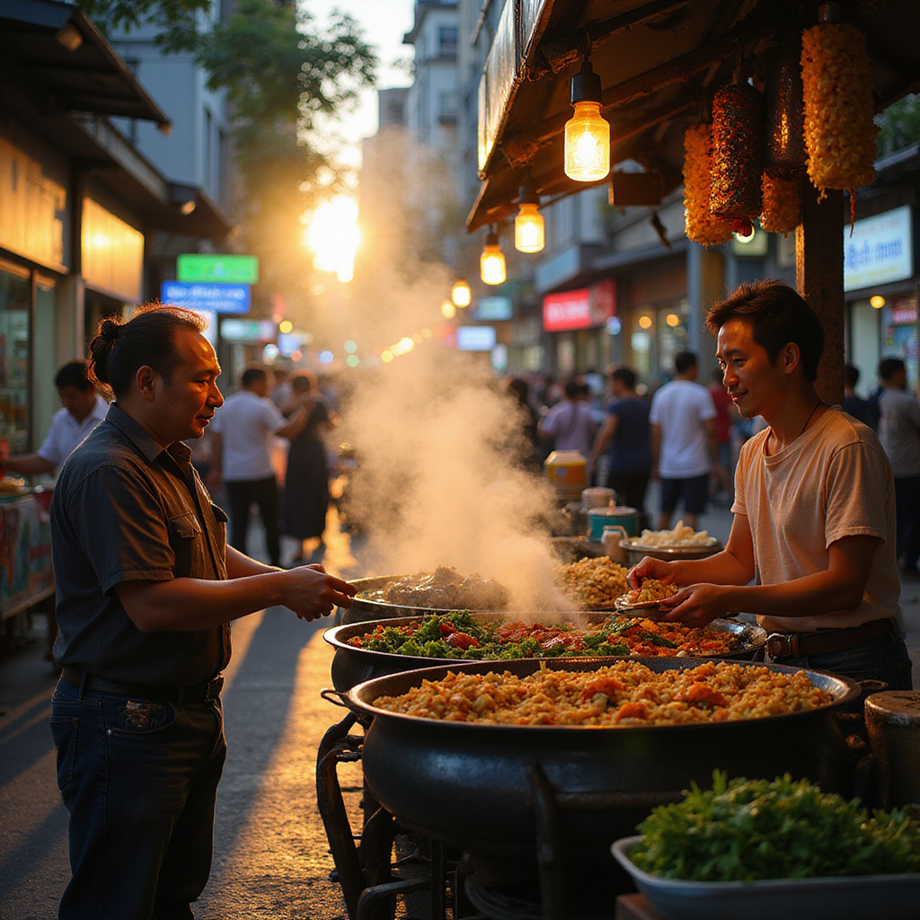 Ulica w Ho Chi Minh City z tętniącym życiem street foodem i lokalnymi straganami