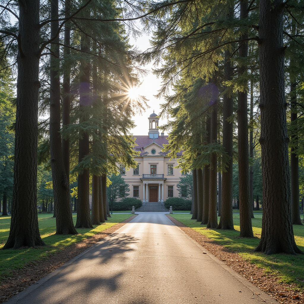 Ulica w Jurmali prowadząca do Wielkiej Sali Dzintars, otoczona sosnami