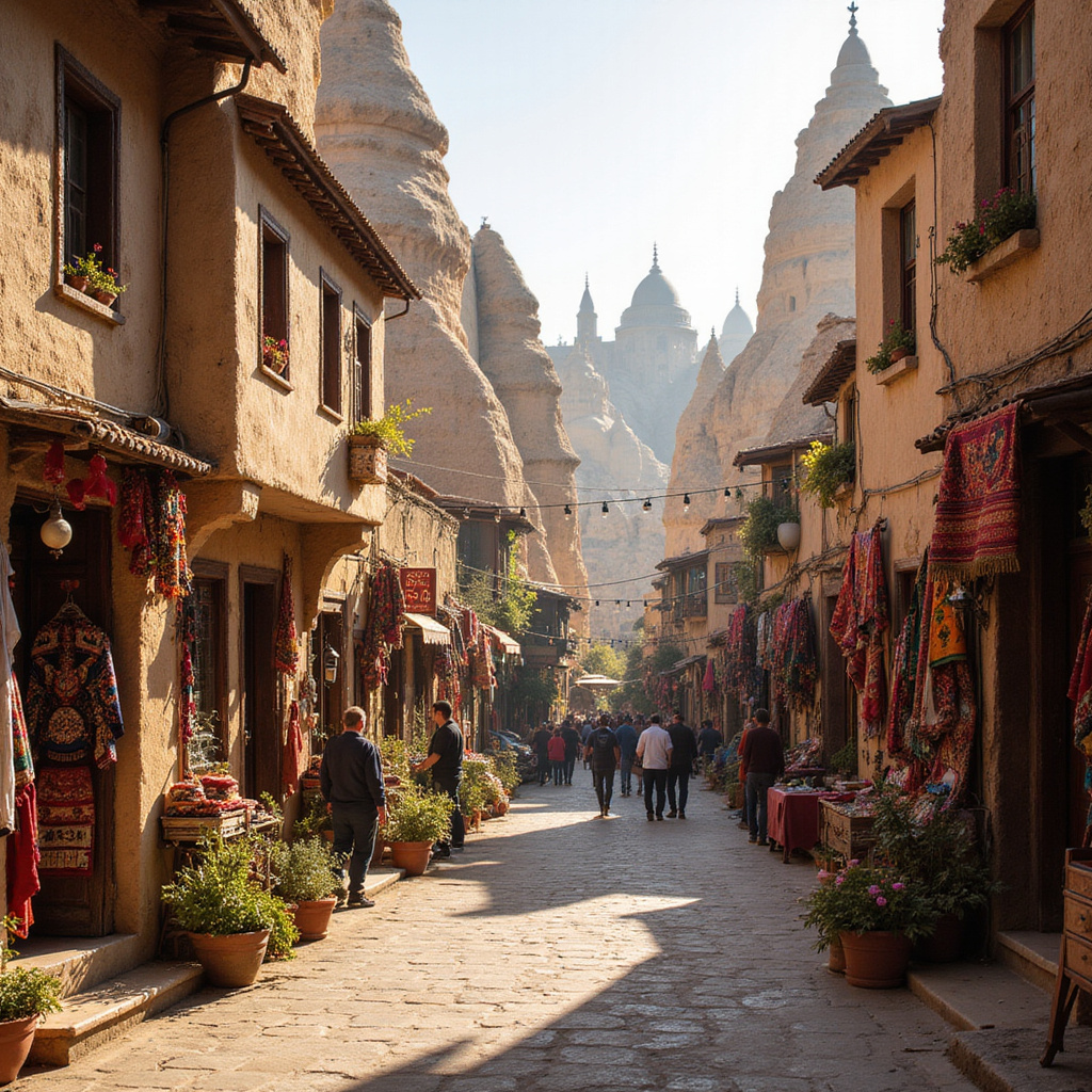 Ulica w Kapadocji z widokiem na bajkowe kominy i lokalne stragany