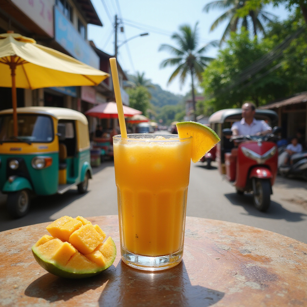 Mango shake na tle ulicy w Koh Samui z lokalnym akcentem
