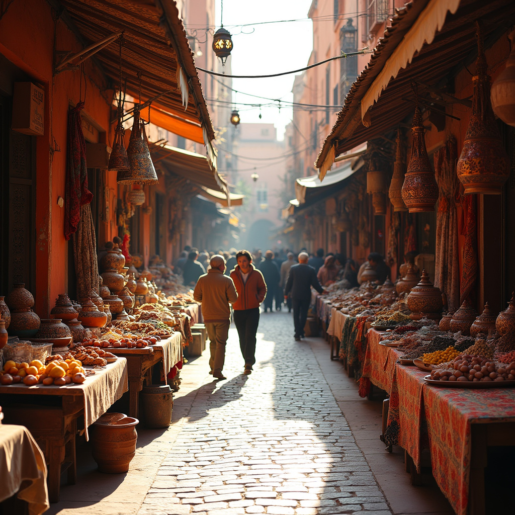 Ulica w Marrakeszu z lokalnymi straganami oferującymi kuskus