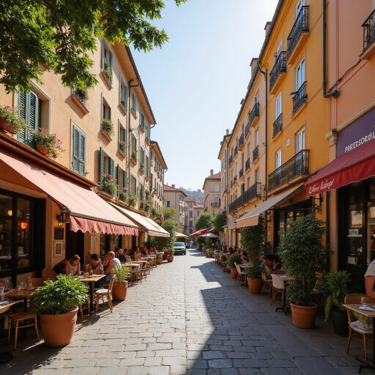 Ulica w Nicei z kolorowymi budynkami i restauracjami, idealna na spacer