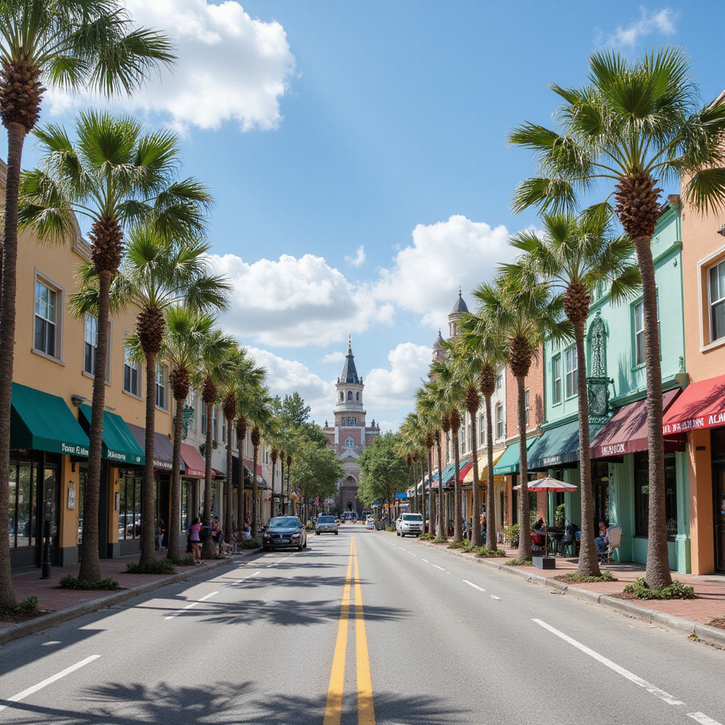 Widok na ulicę w Orlando z palmami i atrakcjami dla dzieci