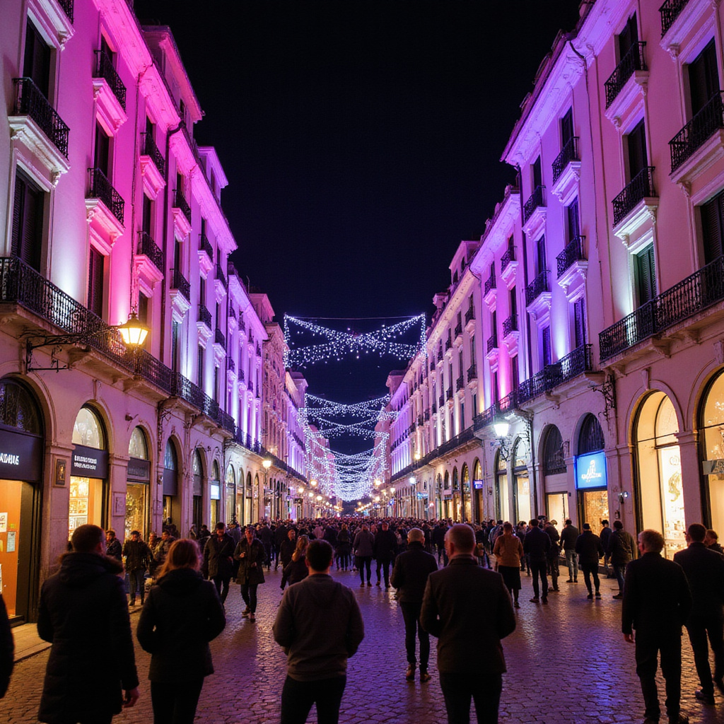 Ulica w San Sebastián w czasie festiwalu filmowego, tłumy i kolorowe światła