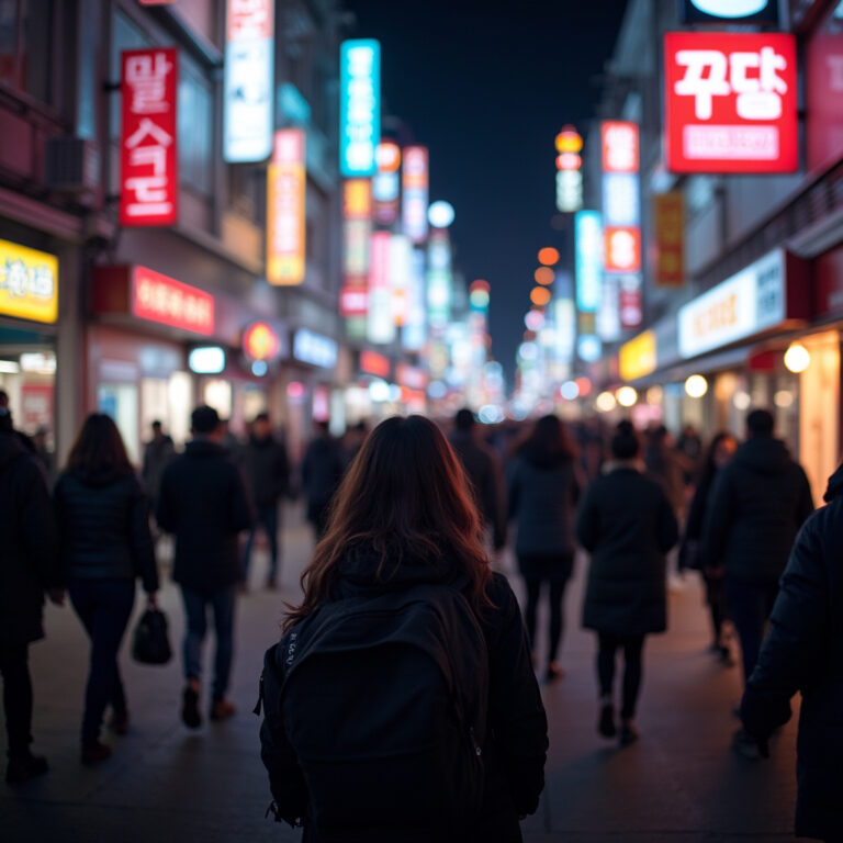 ulica w Seulu z neonami i tłumem ludzi, samotność w mieście